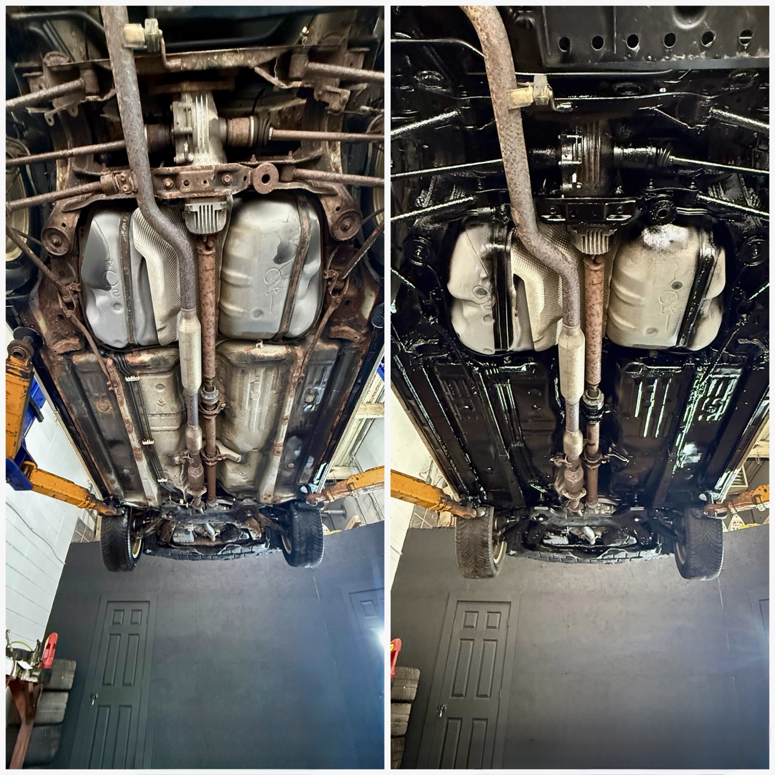 Before and after undercoating and rust protection treatment at Lavigne Autospa in Niagara Falls