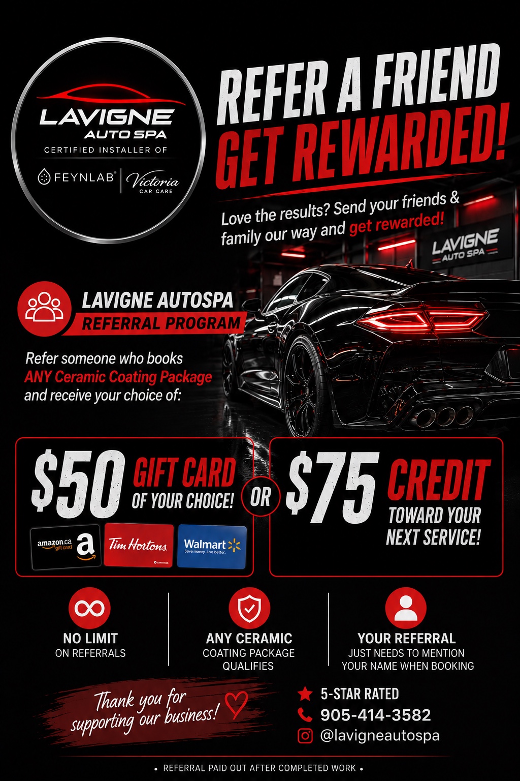 Lavigne Autospa referral program — $50 gift card or $75 service credit for ceramic coating referrals
